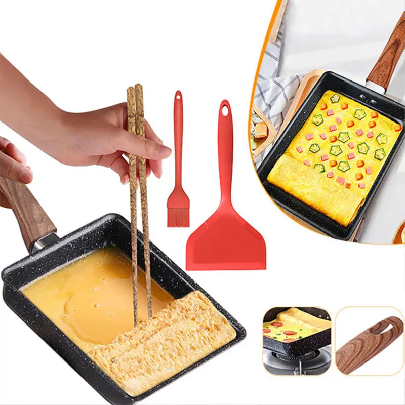 Tamagoyaki Japanische Omelettpfanne, antihaftbeschichtete Eierpfanne, rechteckige Tamago-Pfanne, kleine Eierpfanne mit Kochutensilien – Detail 1
