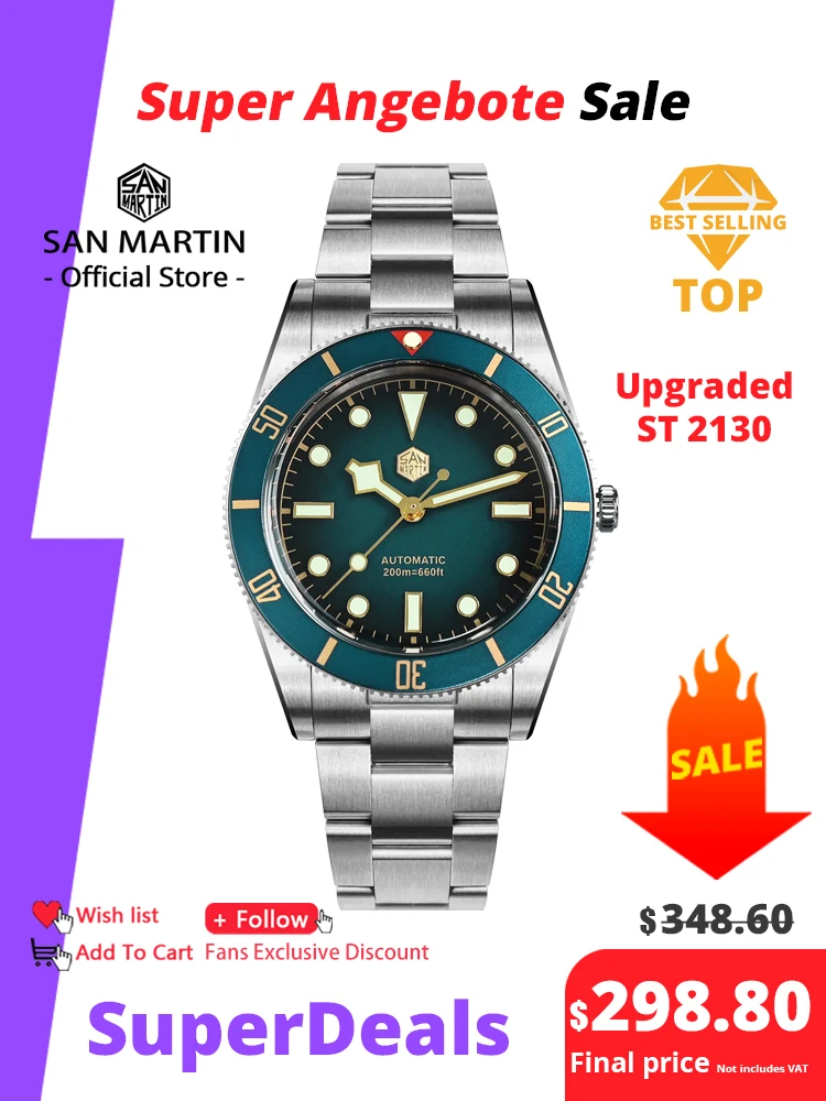 San Martin New Upgraded 37mm BB54 Vintage Men Diver Watch ST2130 Automatic Mechanical Sapphire Luminous Waterproof 200m SN0138