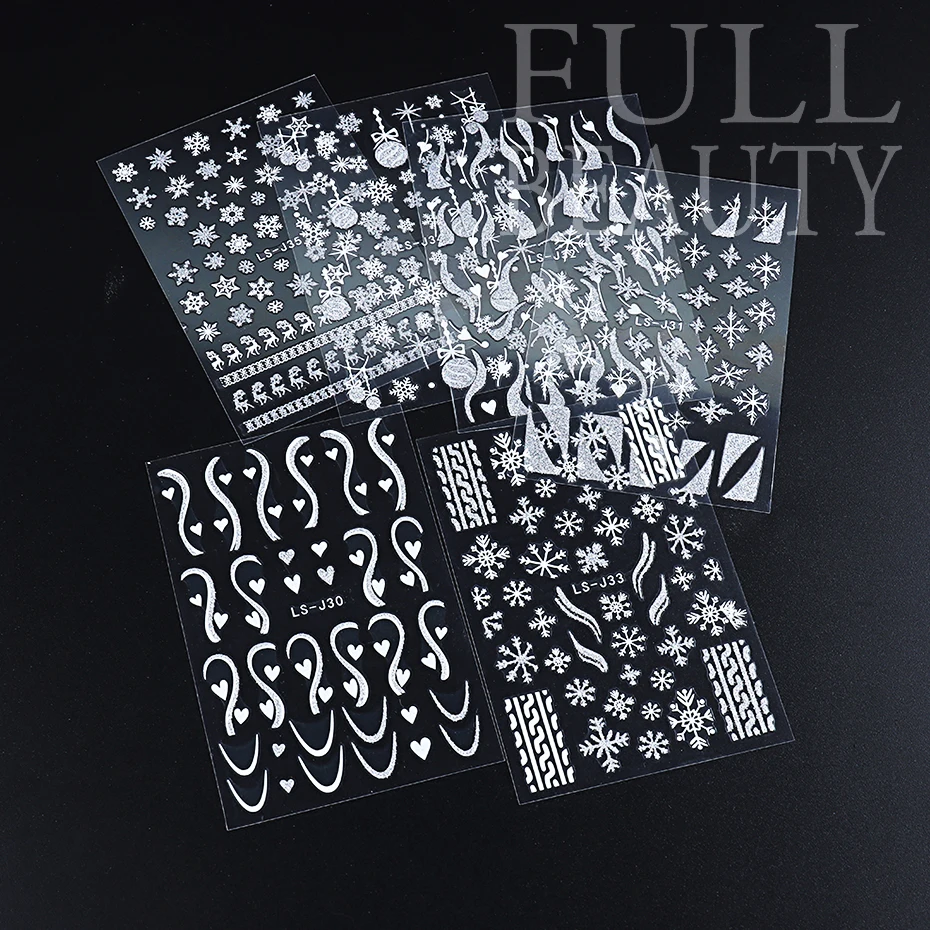 Silver Reflective Glitter Nail Sticker Christmas Snowflakes Love French Design 3D Slider For Nail Winter Decor New Year LELS-J35