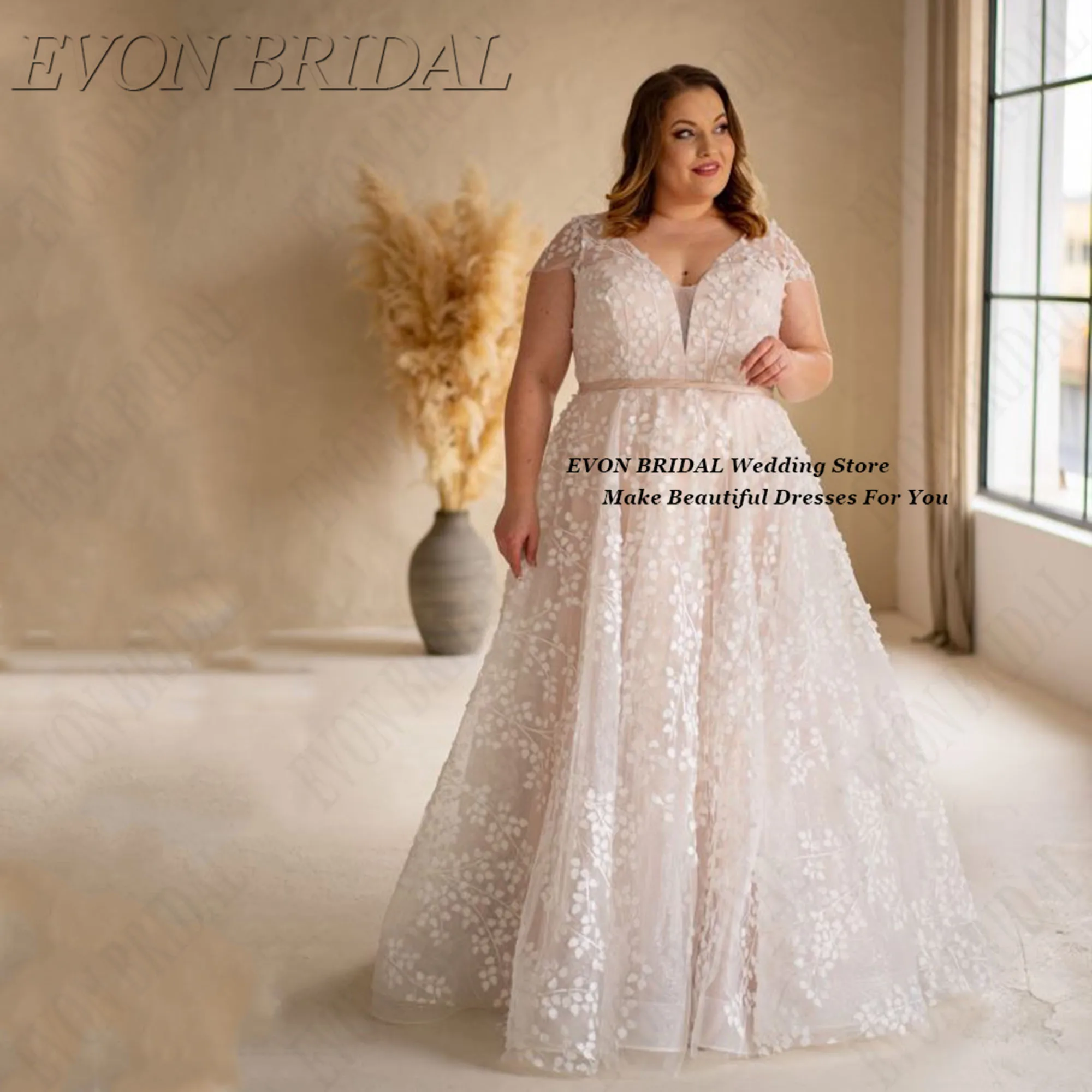 

Plus Size Lace Wedding Dress V Neck A Line Bridal Gown Applique Detachable Sleeves Bride Vestido De Noiva EVON BRIDAL Customized