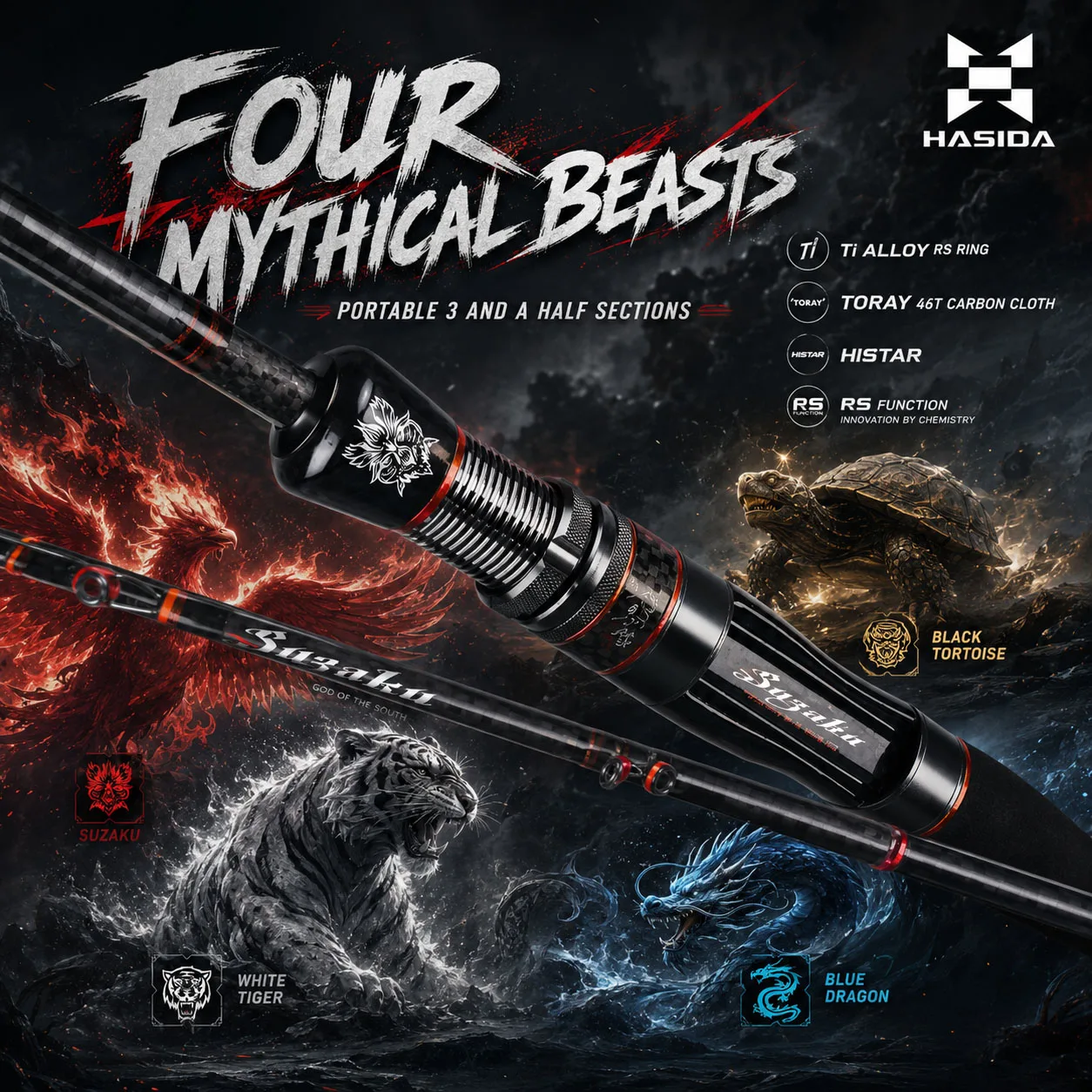HASIDA 4 Mythical Beasts 1,85-2,18m Long-Cast-Angelrute aus 40T+T1100G Toray Carbon mit schneller Aktion, L-MH Härte und RS Ti-Legierungs-Rollenführungen