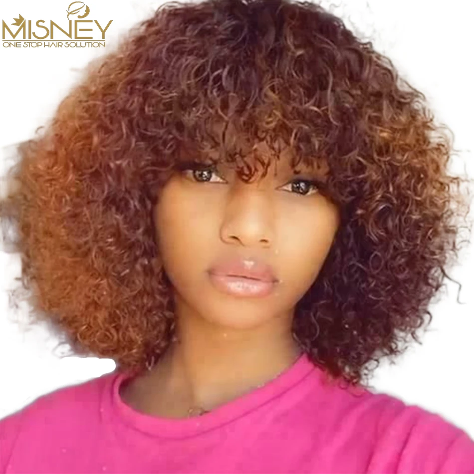 

Curly Human Hair Wig With Bangs Pixie Cut Bob Wig With Bangs For Women Brazilian Remy Human Hair Deep Curly Wig Dark Brown Color