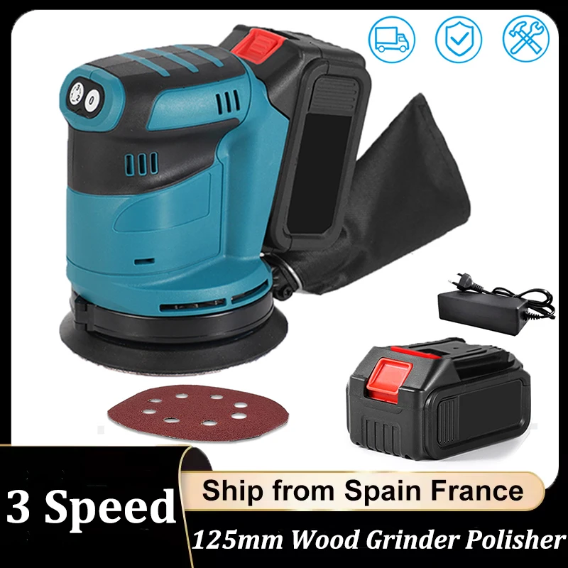 Electric Orbital Sander 125mm 3 Speed Wood Grinder Polisher Waxing Grinding Sanding Polishing Machine for 18V Makita Battery