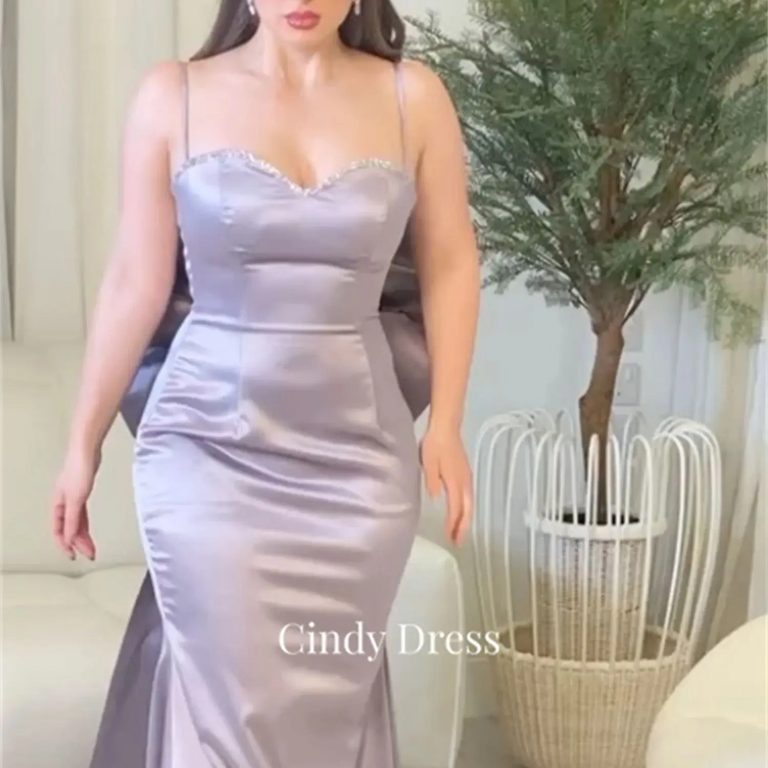 

Cindy Purple Satin Mermaid Big Bow Long Tail Spaghetti Straps Saudi Gala Dresses 2023 Dress Women Evening Party Wedding Guest