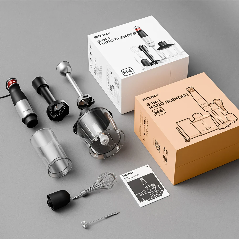 ROUNY 1500W 6-in-1 Immersion Hand Blender with Stainless Steel Shaft & Blades, 500ml Chopper/600ml Beaker/Whisk, Snap Storage