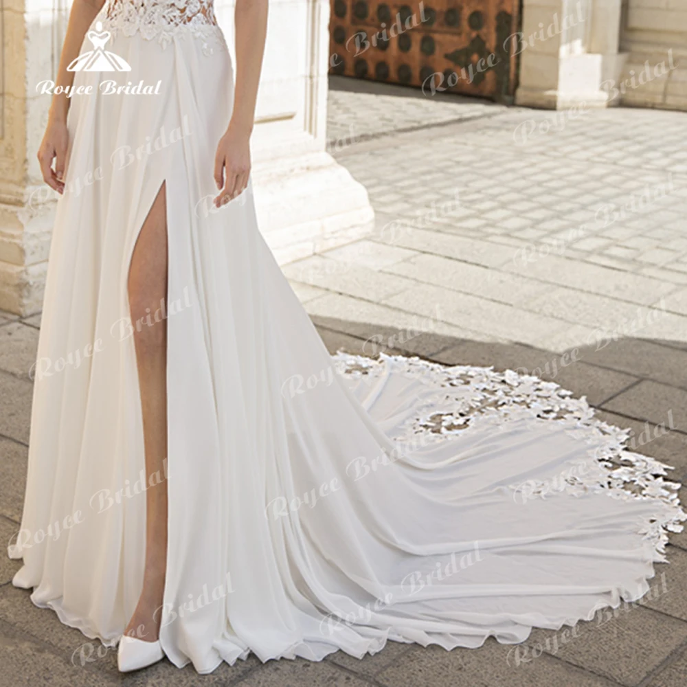 Boho Sexy Split scollo A V spalline con spalline sul retro in pizzo A Line abito da sposa personalizzato per le donne abiti da sposa da spiaggia Sweep Vestidos