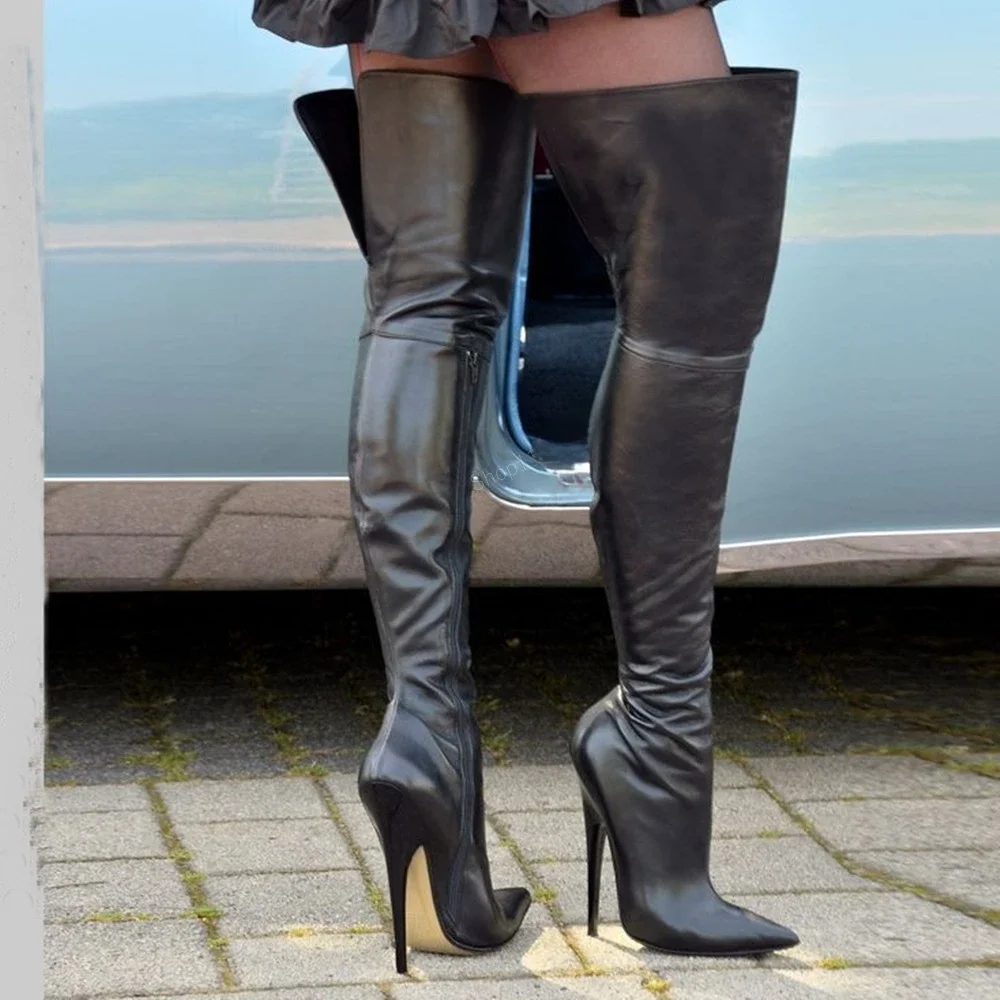 Schwarze, matte Leder-Overknee-Stiefel, spitzer Zehenbereich, Stiletto-Absatz, seitlicher Reißverschluss, Damenschuhe, 2024, sexy Zapatos Para Mujere