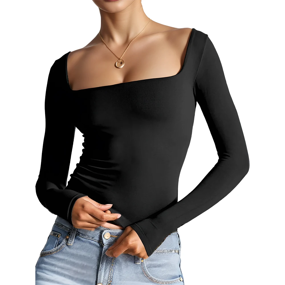 

Women's Sexy Long Sleeve Crop Top Square Neck Double Lined Basic Slim Fit T-Shirt