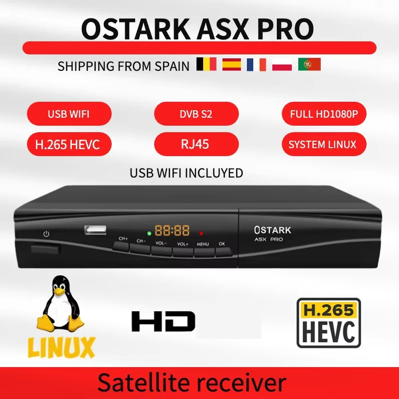 Ostark Asx Pro Satellite Receiver, Dvb S/S2, High Image Quality, 1080P, H.265. Rj45 Scart Port, Simple Linux System, Youtube, Stalker, Xtream, USB Wifi Included in the Package, Shipping to All Europe from Spain