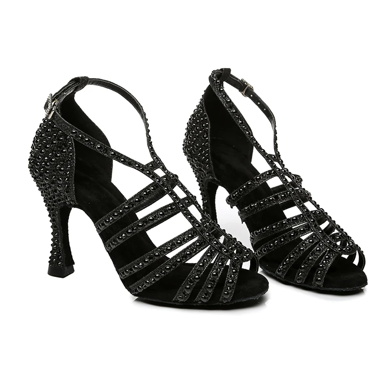 Zapatos de baile latino de tela con purpurina para mujer, zapatos de salón de cuero de gamuza de plata negra, zapatos de baile de Salsa con