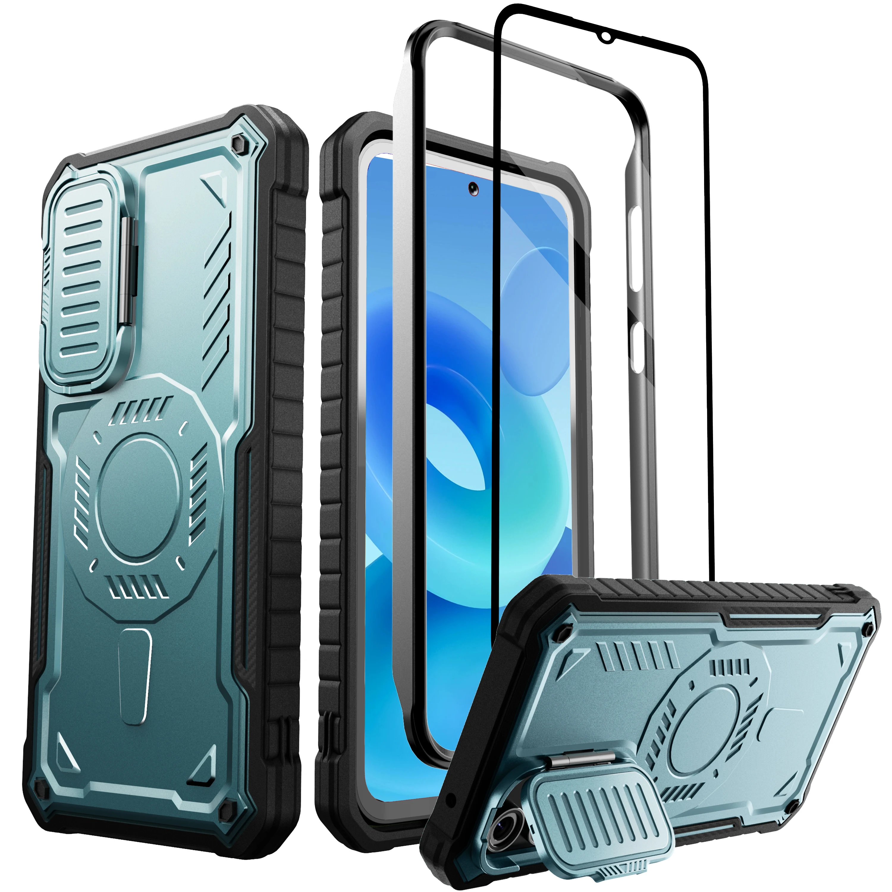 

ExoGuard Samsung S23 FE/S24/S24Plus/S24Ultra/A15 Case with Tempered Glass, Stand, Camera Lens Protection, Magnetic Closure