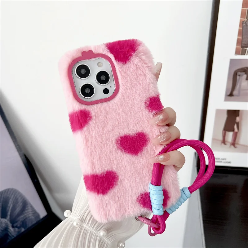 

New fluffy plush love phone case for iPhone 13 Pro 12 11 16Pro 14Plus 16 12Pro 15Pro Max Cute Chain silicone warm full cover
