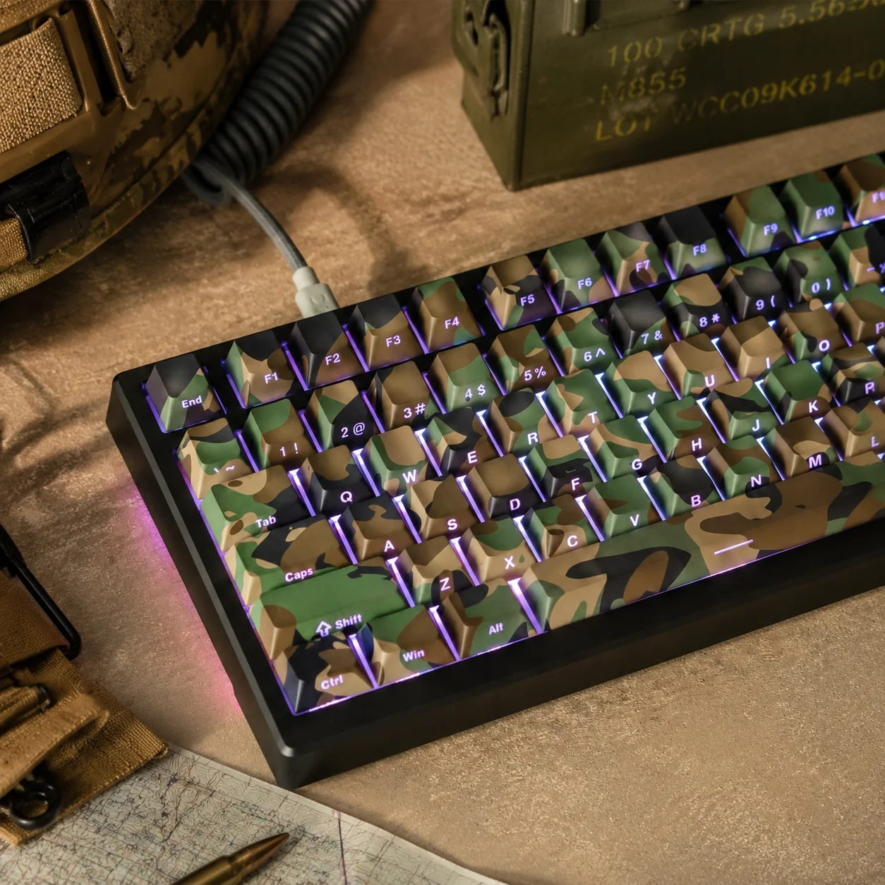 Combat Stealth Custom Dye Sub PBT Keycaps Cherry Profile Side-lit Shine Through Key Cap Set for MX Switches Mechanical Keyboard