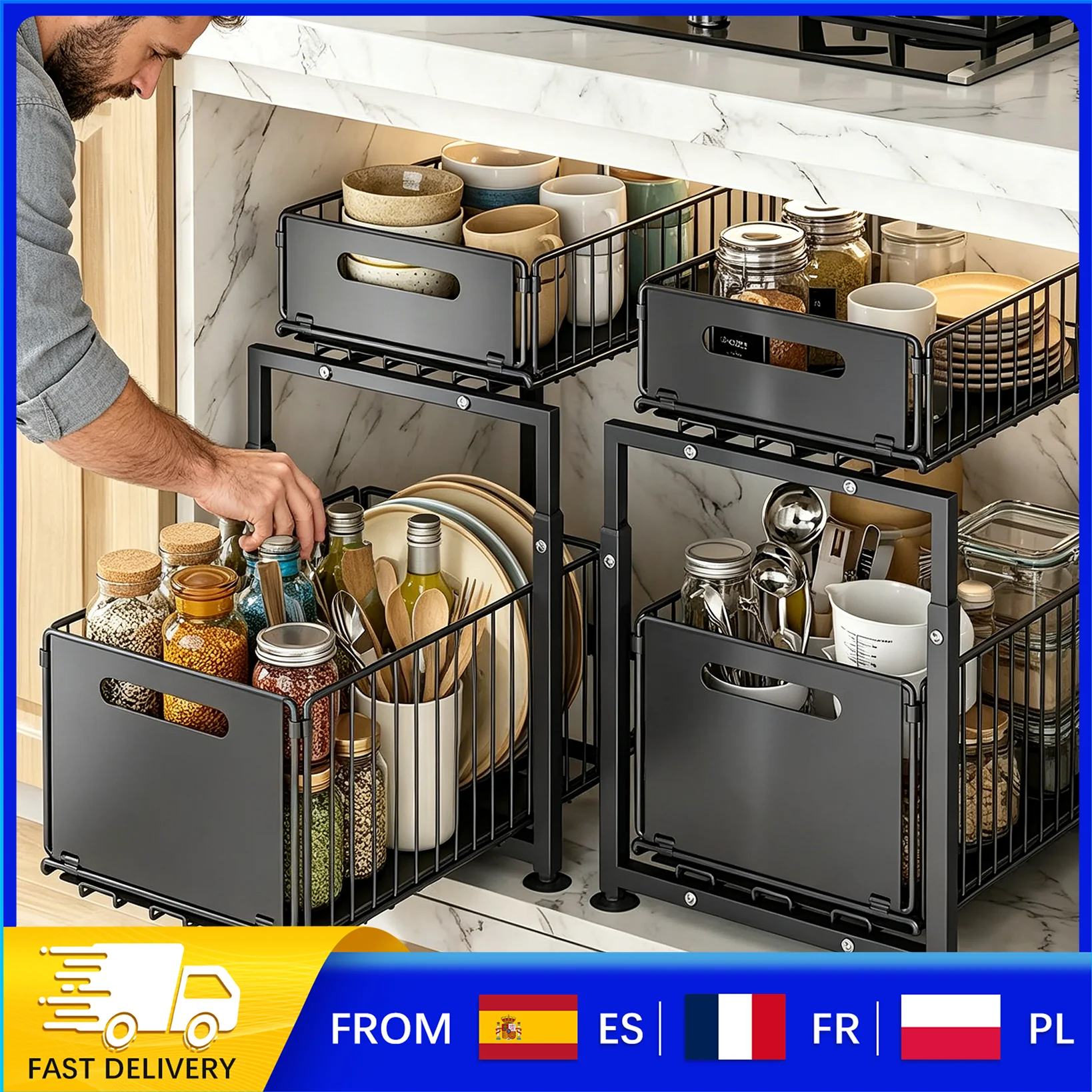 Organisateur de placard à 2 niveaux, tiroir de rangement sous évier réglable en hauteur (41-49 cm), construction en acier au carbone avec patins antidérapants, aucun outil requis pour la cuisine, la
