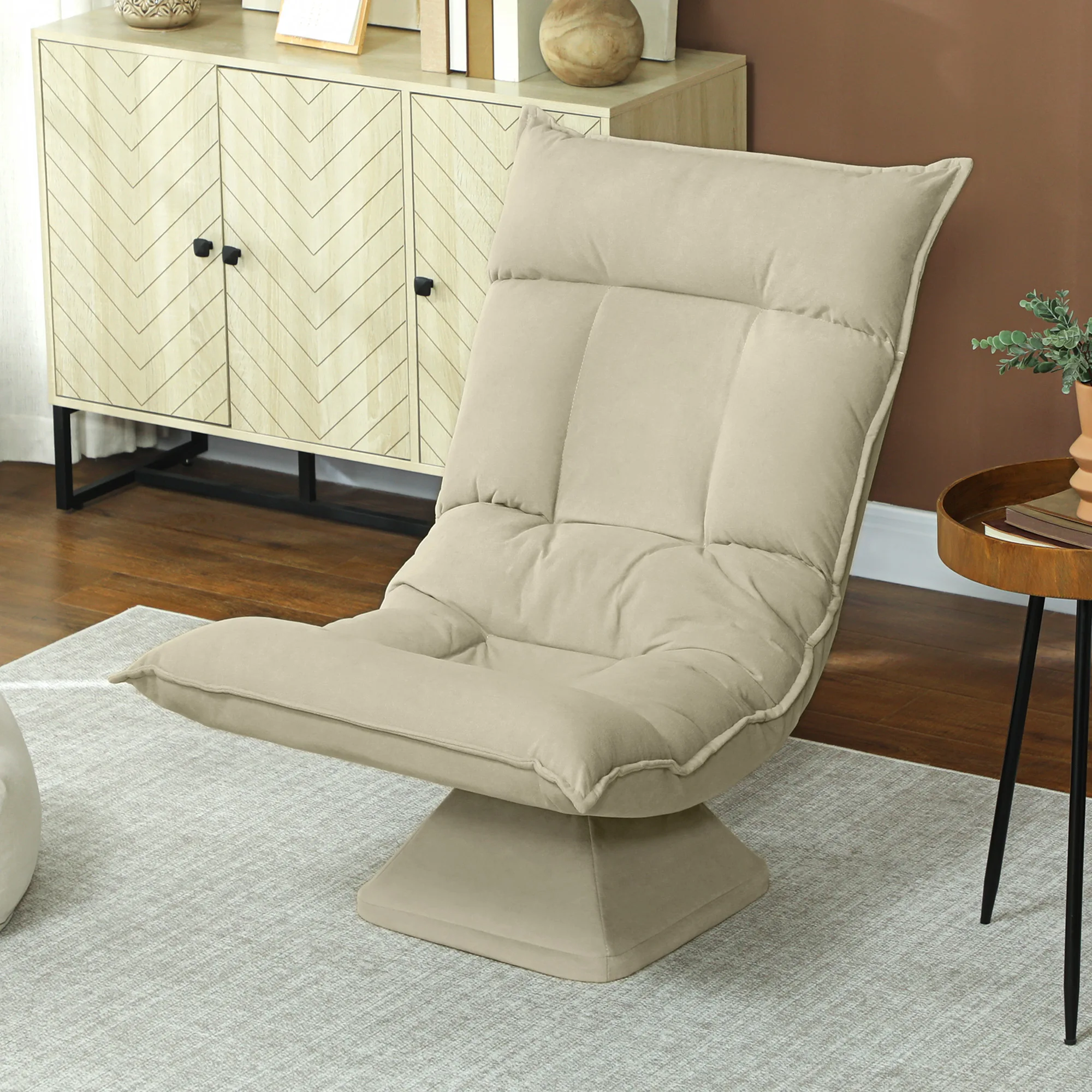 Drehbarer Bodenstuhl Klappbarer Liegestuhl 5-fach Verstellbare Rückenlehne Weicher Samt-Sessel Beige - 360° °   Drehbarer Freizeitstuhl für Wohnzimmer, Schlafzimmer, Büro, Komfortables