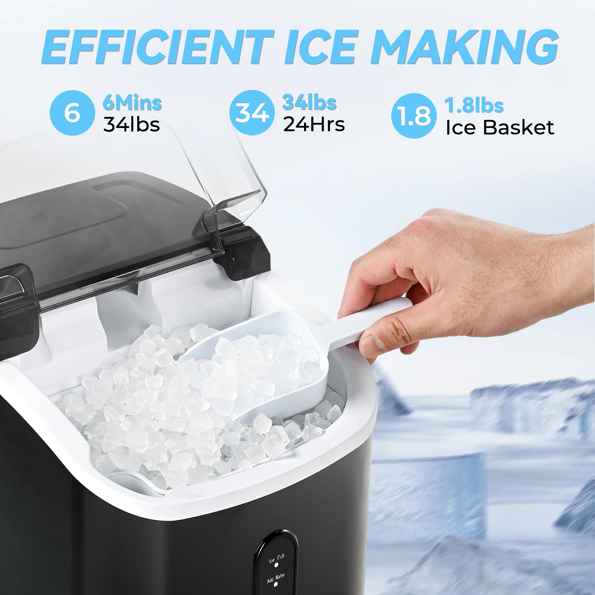 SIMZLIFE Countertop Ice Maker Machine 34lbs/Day Auto Cleaning Portable Sonic Ice Maker With Basket And Scoop for Home Party RV