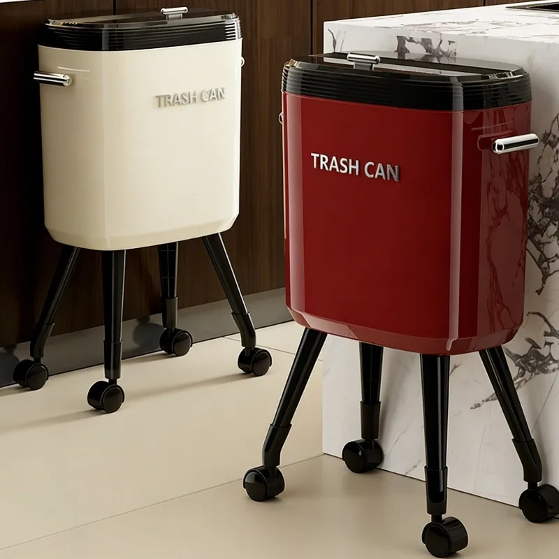A retro high-top rolling trash can with a sealed lid and built-in bag press ring, featuring four wheels and four legs, a smooth trash can with side handle and cabinet hook, removable inner bucket, decorative trash can.