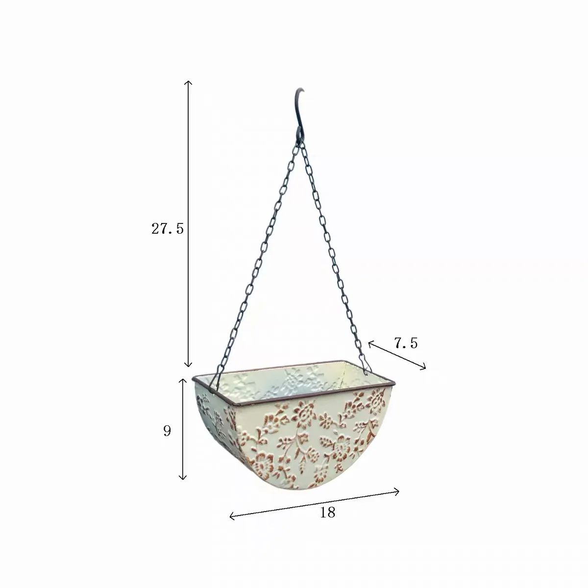 Vintage Metal Hanging Planter with Chain, Embossed Floral Half Moon Wall Plant Pot