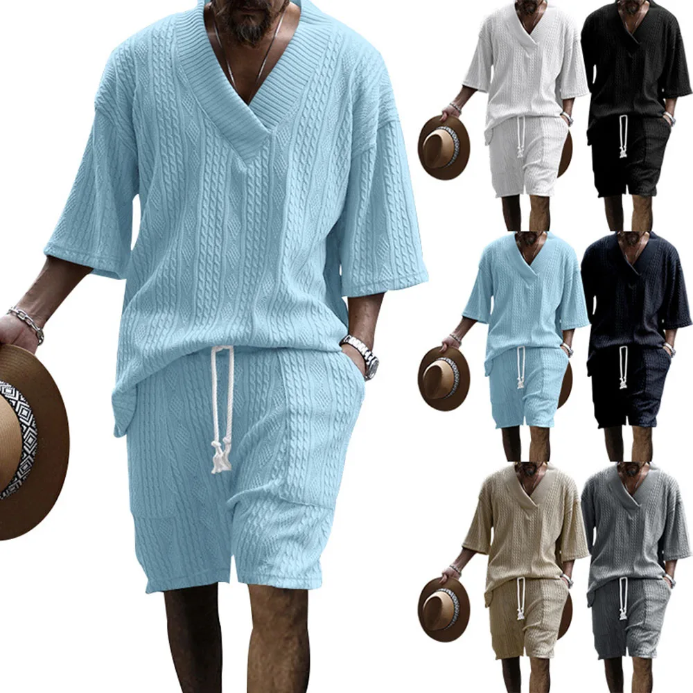 

Mens Casual Jacquard Knitted Two-Piece Set 2024 Summer New Fashion Trend Loose Solid Color Short-Sleeved Top Shorts Mens Suit