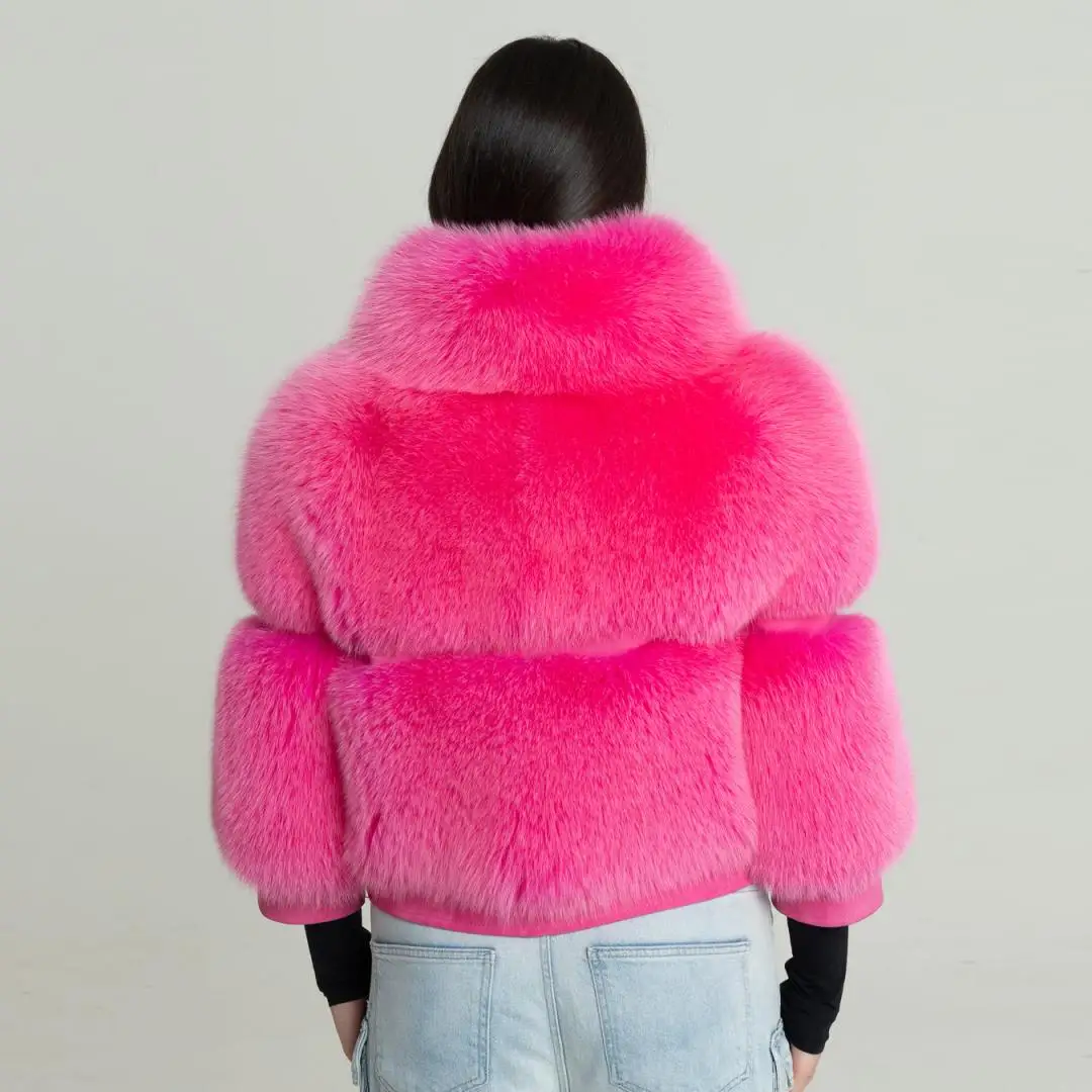 Trendy Short Pink Natural Fox Fur Coats Stand Collar Women Winter High Quality Full Pelt Fox Fur Jacket Genuine Luxury Overcoat