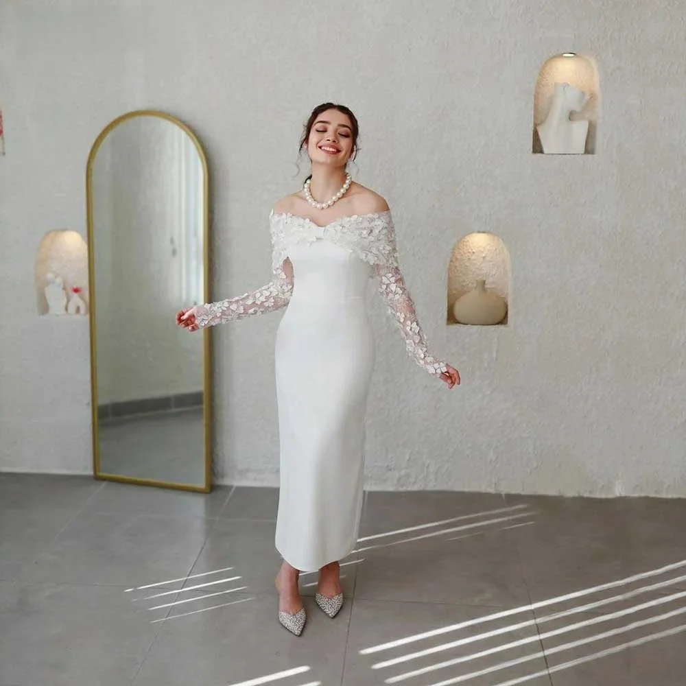 Kanufahren weißes Hochzeits kleid elegant von der Schulter 3d Spitze Applikationen lange Ärmel Brautkleid exquisite Brautkleid Gala
