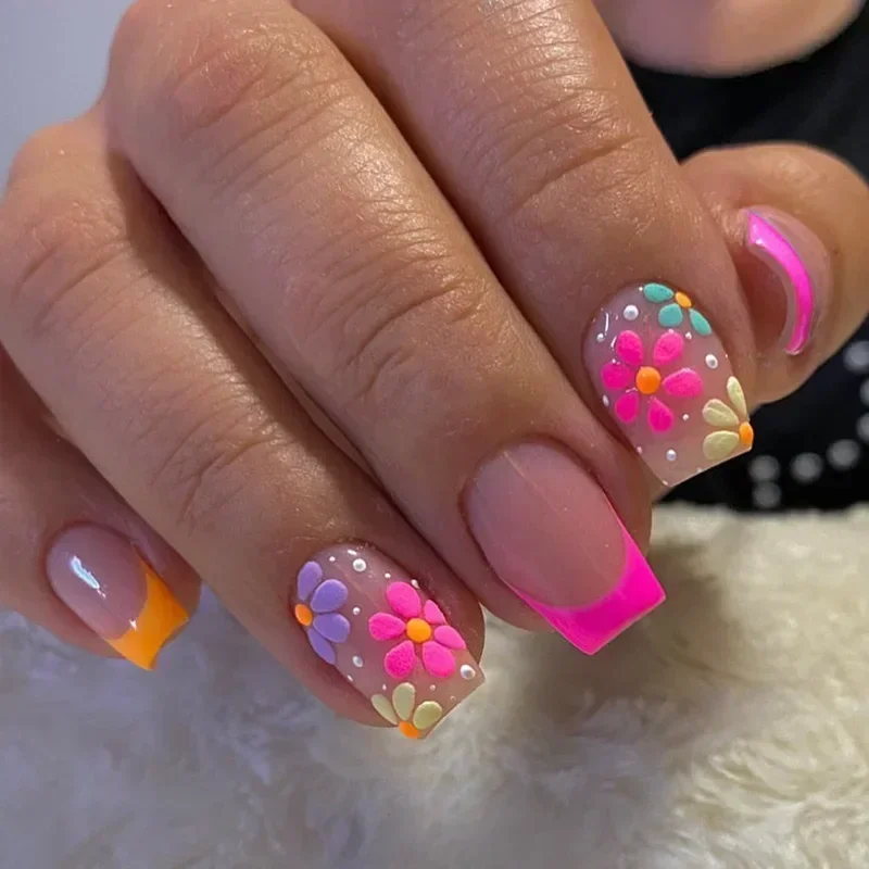 24Pcs Proste kwadratowe sztuczne paznokcie Krótkie francuskie sztuczne paznokcie Naciśnij na kolorowe kwiaty Pełne pokrycie Końcówki do paznokci Narzędzia do manicure — zdjęcie 2