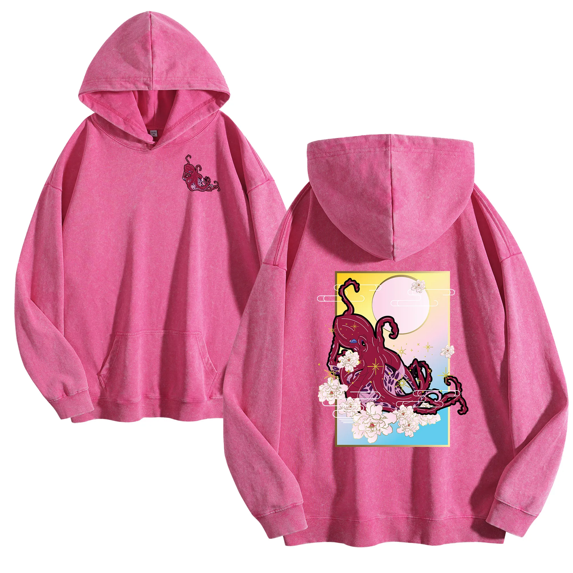 الأخطبوط العملاق على الوجهين طباعة 400G خمر غسلها هوديي للجنسين المتضخم الشارع الشهير البلوز مجموعة الخريف/الشتاء #3