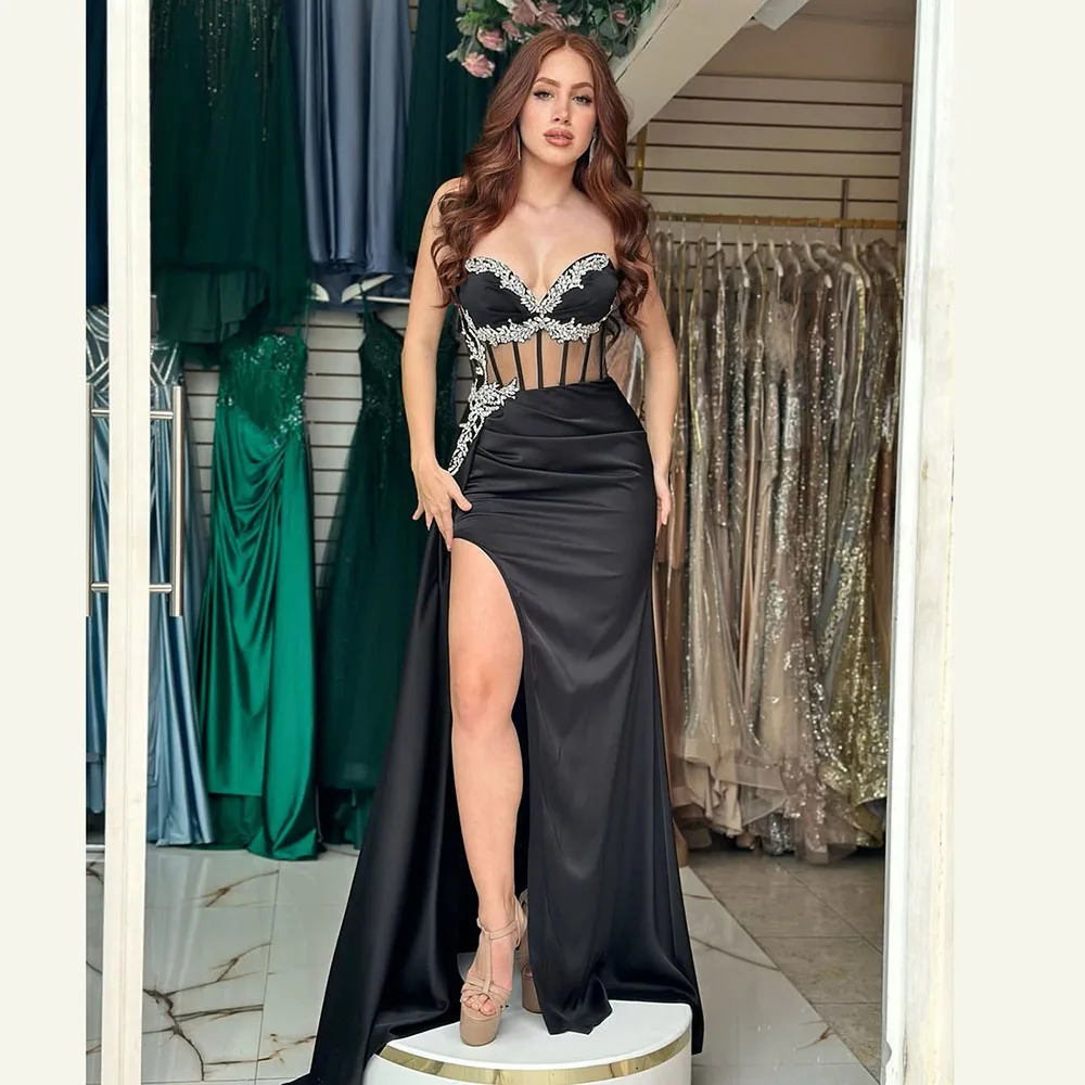 

Msikoods Elegant Black White Strapless Formal Gown Gala Mermiad Prom Dress Draped Train Evening Gown Party Wear Dress Customized