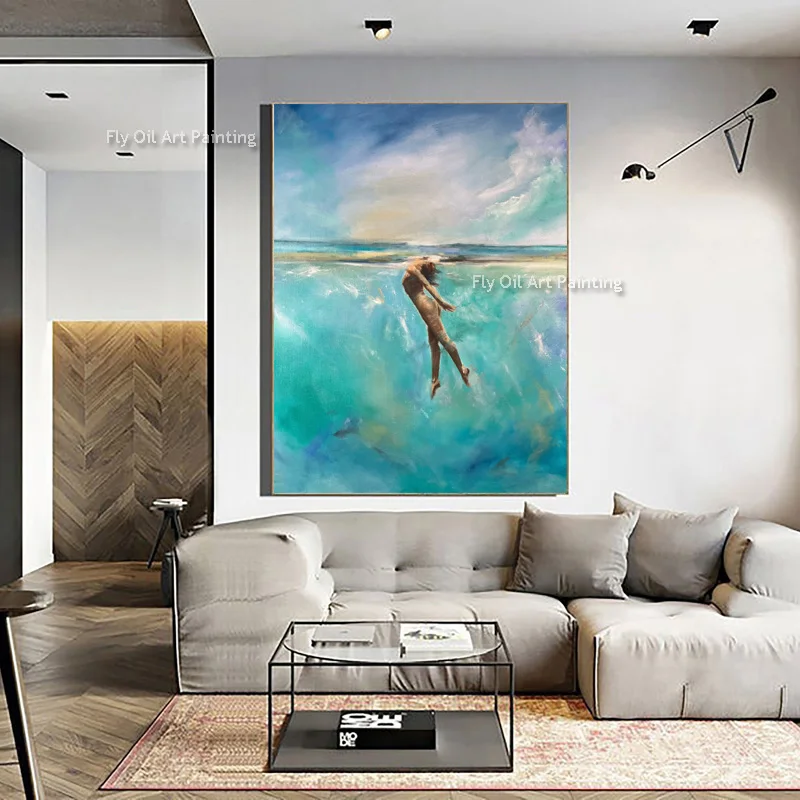 Imagem -04 - Mulheres Nadando no Mar Pintura a Óleo Artesanal Seascape Blue Canvas Wall Art Home Decor Arte Moderna