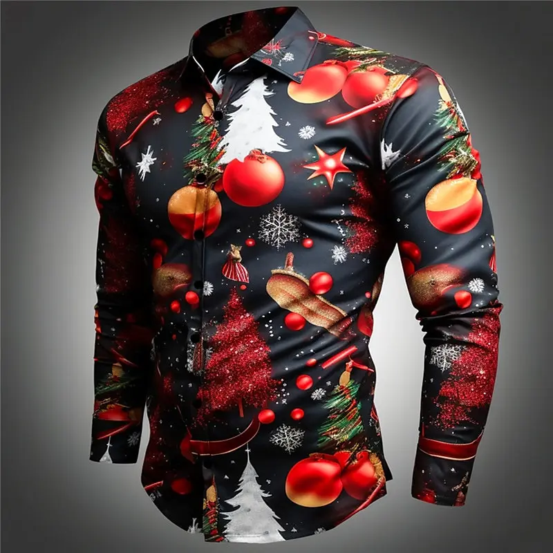 2024 Christmas Pattern Casual Men\'s Shirt Outdoor Streetwear Autumn and Winter Lapel Long Sleeve Fabric Soft Plus Size