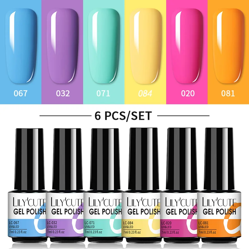 LILYCUTE 6Pcs/Set Nail Gel Polish Summer Neon Colorful Glitter For Manicure Semi Permanent Soak Off Gel UV LED Varnishes Kit