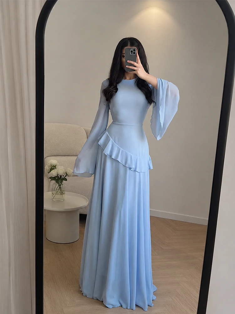 Elegant Blue Ruffled Chiffon Maxi Dress Women Solid O-Neck Flare Sleeve Slim Long Dress 2026 New Chic Wedding Guest Party Robes