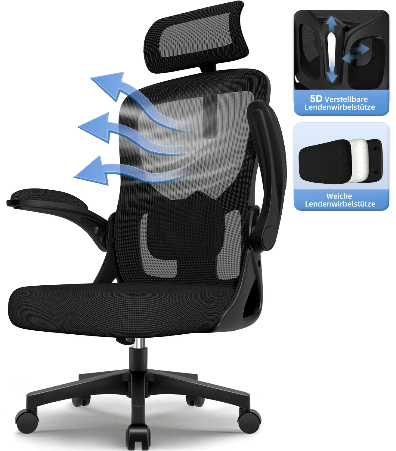 Hiazurm Bürostuhl, ergonomischer Bürostuhl mit 5D-Lendenwirbelstütze, Schreibtischstuhl, Bürostühle für zu Hause mit klappbaren Armlehnen, ergonomischer Bürostuhl für Nacken/Rücken/Lendenwirbelsäule,