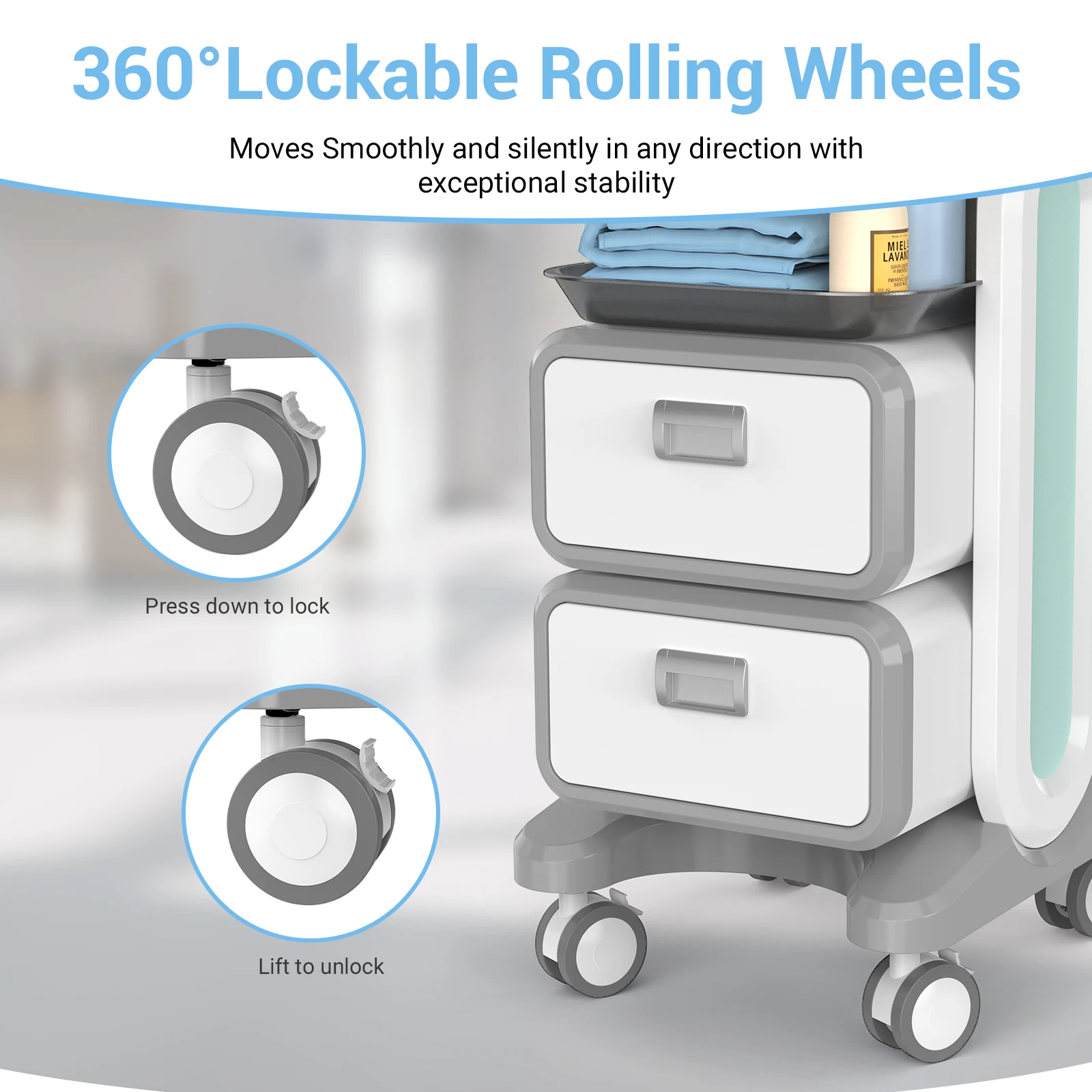 Mobile Ultrasound Cart with Wheels, Medical Car with 2 Large Drawers Ultrasound Imaging Scanner Vehicle Rolling Utility Cart for Hospital Office Bedroom Medical Clinic Beauty Salon