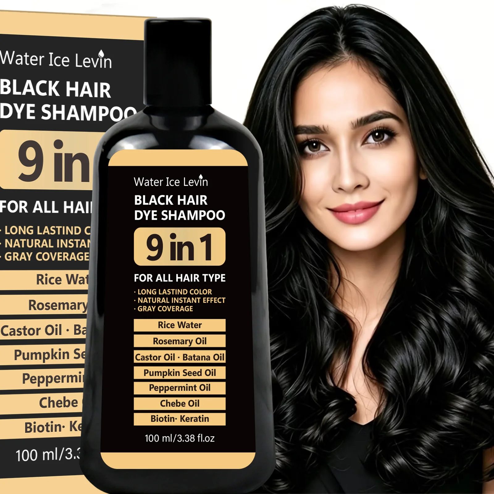 Water Ice Levin 9 in 1 Black Hair Dye Shampoo, Gray Coverage Natural Instant Hair Color for All Hair Types,100ml