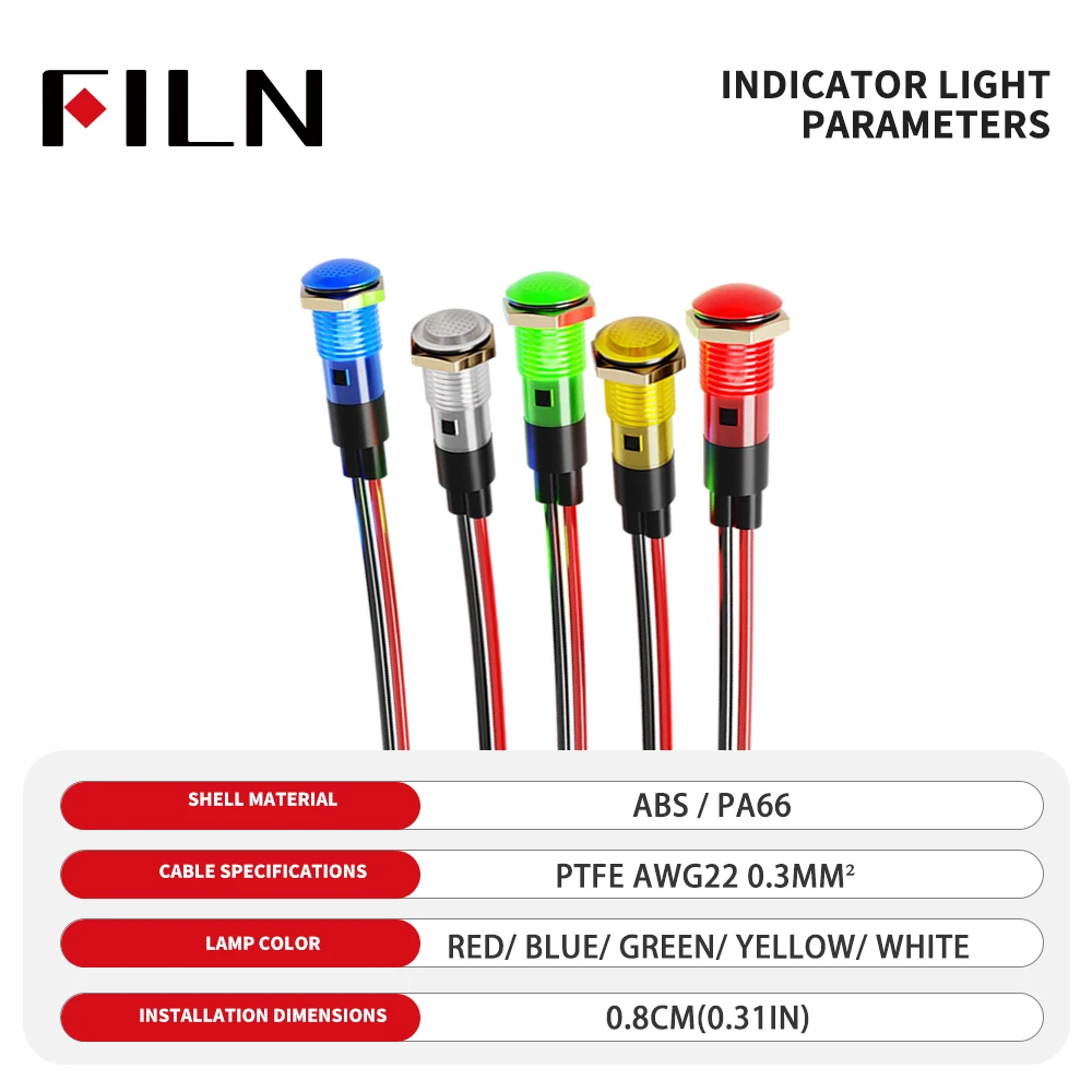 FILN 5pcs 8mm Indicator Light Lightweight Corrosion Resistant & Insulated with 20cm Wire for Commercial Kitchen High Red Green