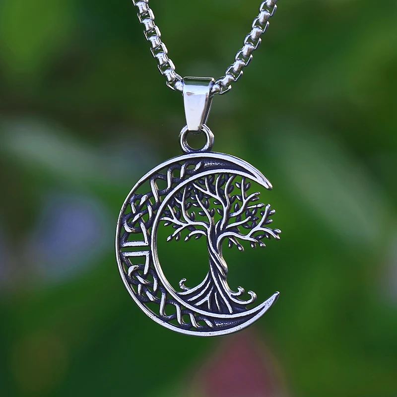 316l Edelstahl Wikinger nordischen Mond und Baum des Lebens Anhänger Halskette kreative Halsreif für Mann Frauen Paar Anniversa Schmuck