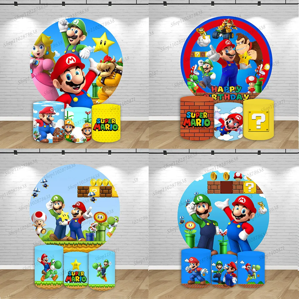 

Super Mario Baby Shower Circle Cover Boys Birthday Photography Background Mario Luigi Yoshi Cylinder Cover Decor