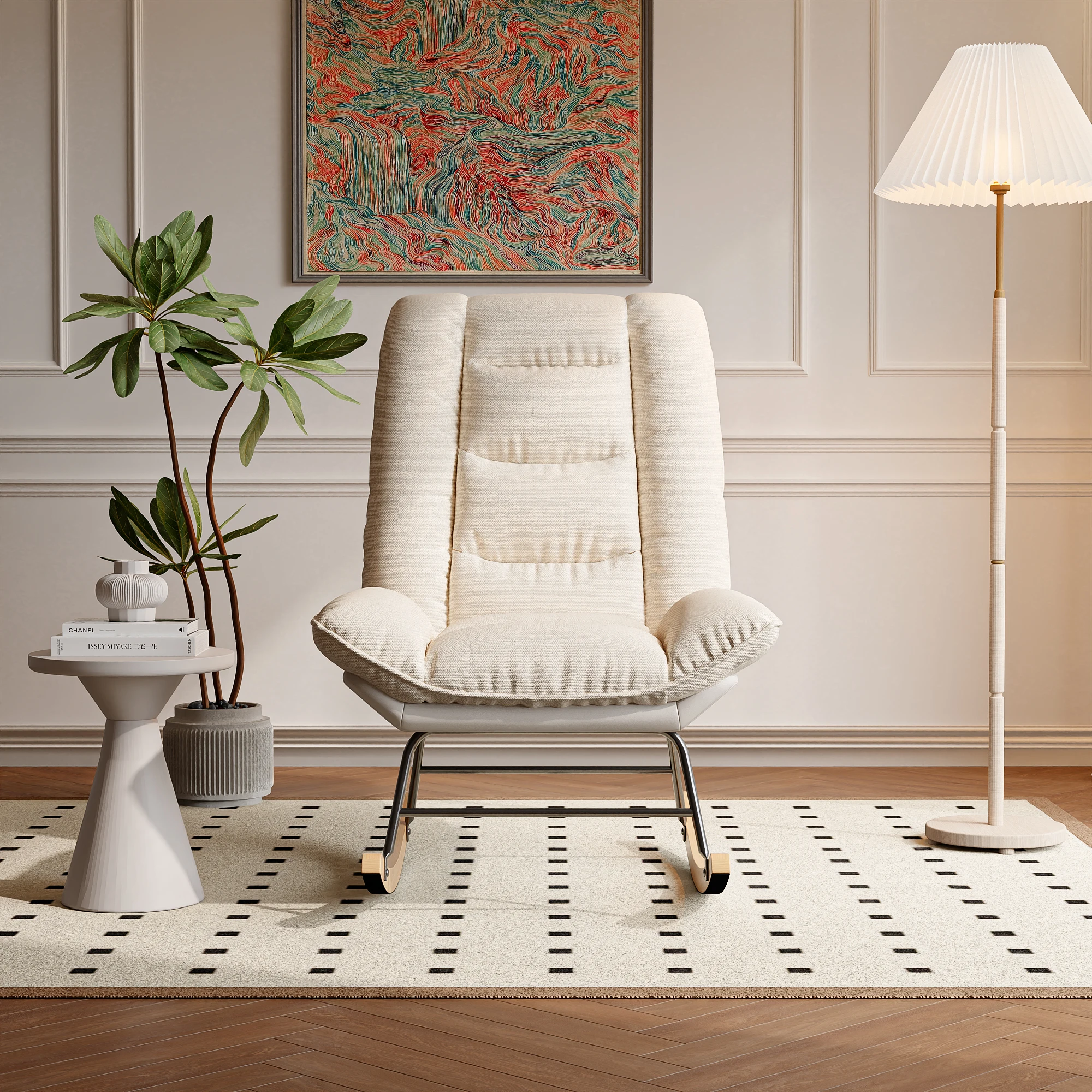 Fauteuil à Bascule - Pieds en Bois - tissu technique - 12 positions de dossier réglables - pour Salon,Chambre - beige