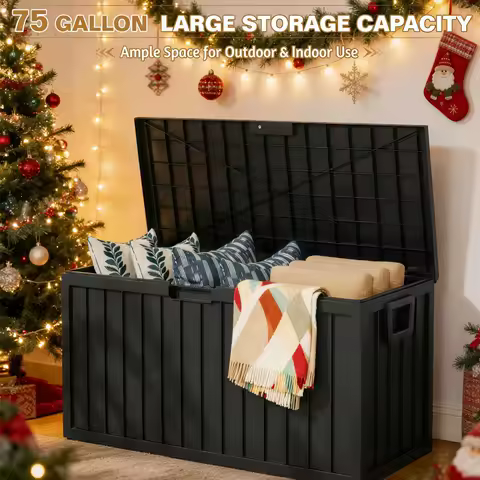 75 Gallon Resin Outdoor Storage Box Waterproof Deck Box，Waterproof Outdoor Storage Box with Bottom Pulleys, for Patio Furniture