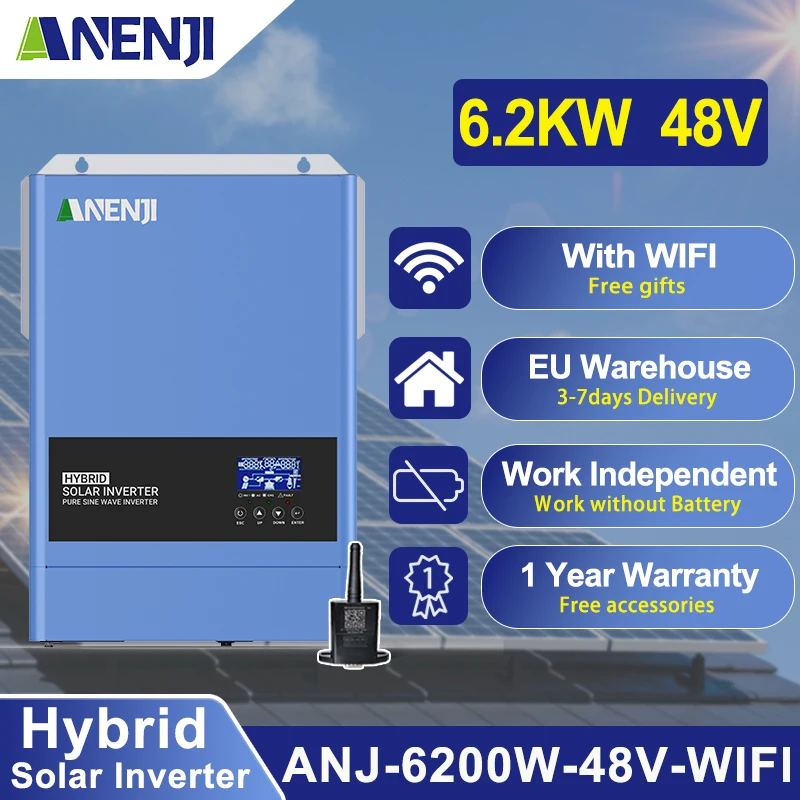 6.2KW 48V Solar Hybrid Inverter On-Grid/Off-Grid Pure Sine Wave Built-in MPPT 120A Solar Charger For 220-240VAC 60-500VDC