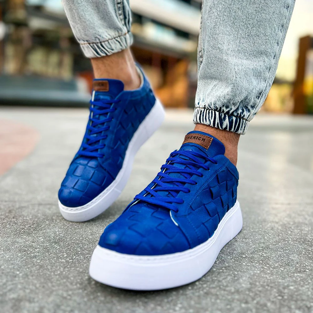 FOH Store Sneakers for Men BLUE Artificial Leather 2023 Spring Autumn Casual Lace Up Fashion Shoes High Base Sport Comfortable Light Vulcanized Daily Original Canvas Odorless Orthopedic Suits Office Wedding 209