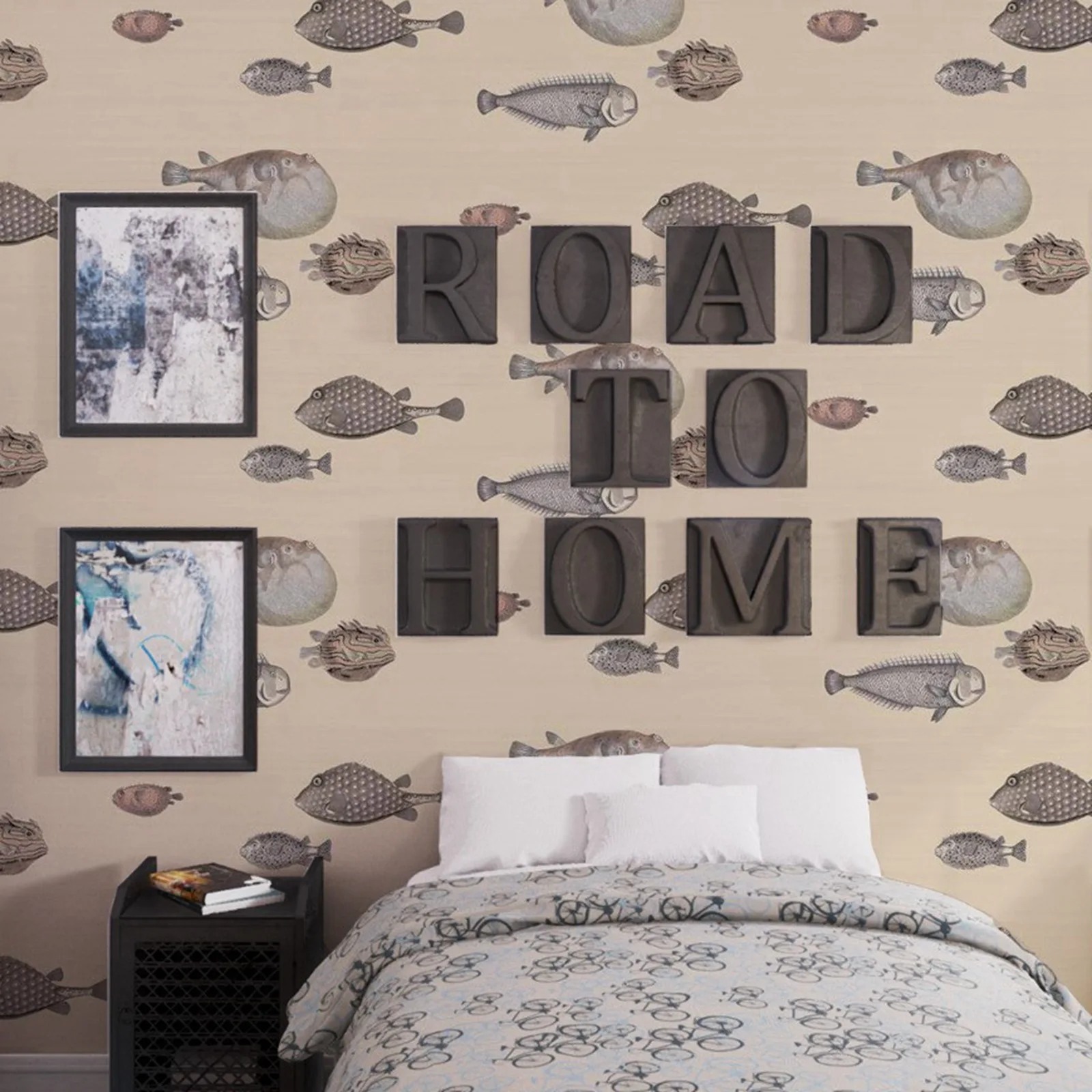 Acquario Wallpaper nordic wallpaper in taupe color sea fishes in scandinavian style