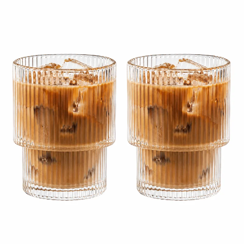 190ml Stackable Ribbed Glass Cup Set 2/4PCS Available Vertical Stripe Design Saves Space Great for Whiskey Iced Coffee Juice Tea