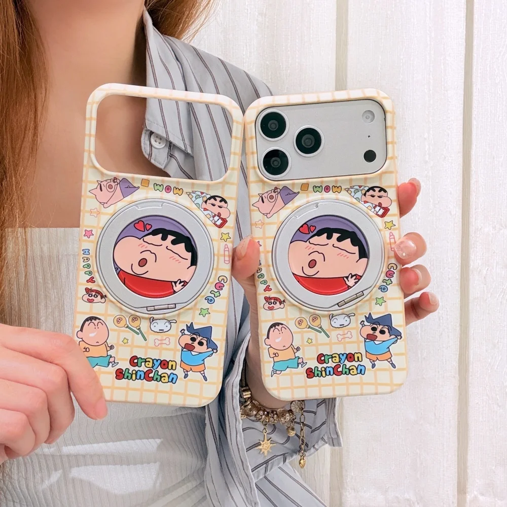 Ins Plaid Funny Cartoon Shin-chan Phone Case for iPhone 16 Pro 15 17 16 15 Pro 17 Pro Max Cover With Rotate Stand Shockproof Cov