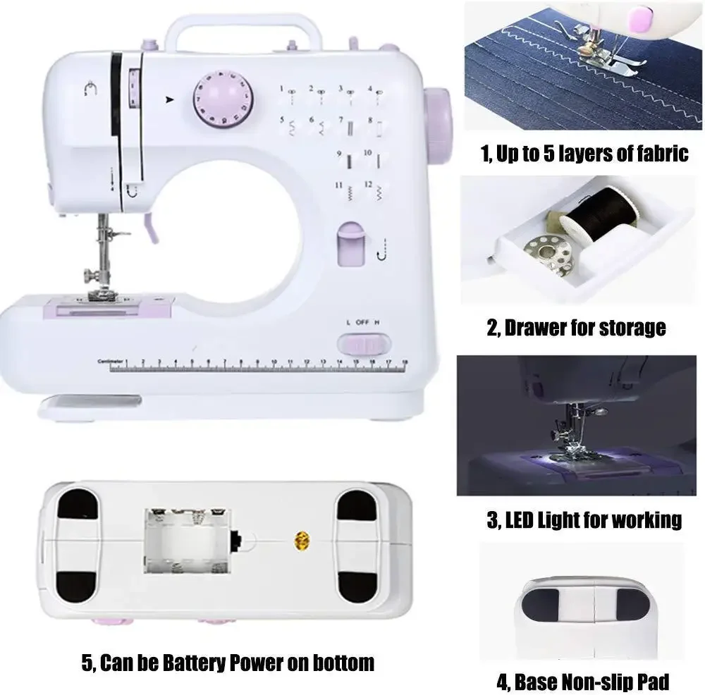 Sewing Machine Portable Mini Winding Reverse Replaceable Presser Foot 12 Built In Stitches Sew Patterns