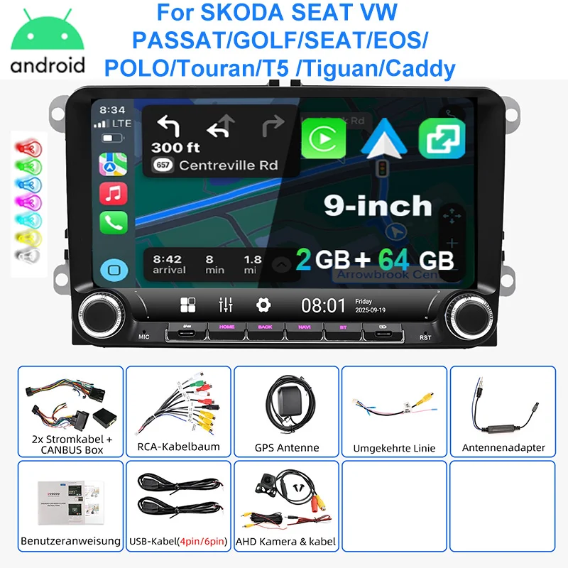 ESSGOO Autoradio Android15 9" 4+64 GB voor VW Golf 5 6 Plus Touran Caddy Jetta Passat Polo GPS Navigatie Bluetooth RDS FM WiFi Draadloze CarPlay Android Auto 2+32 GB Stuurwielbediening Aanraakscherm
