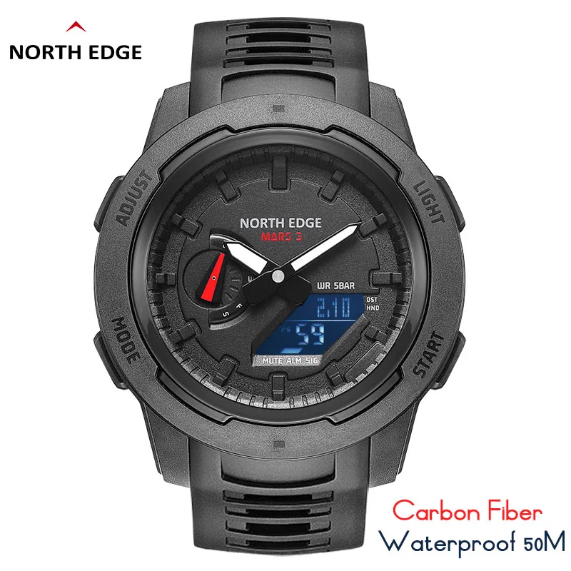 NORTH EDGE Mars 3 Men\'s Military Watch Digital Carbon Fiber Case For Man Waterproof 50M Sports Watches World Time LED Wristwatch