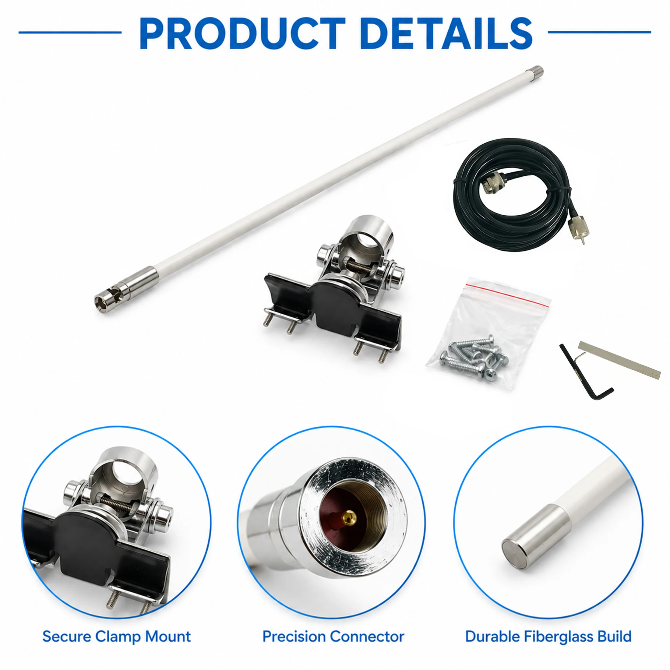 Omni-Directional Dual-Band 144/430MHz VHF/UHF Fiberglass Antenna for Ham Radios,Cars & Receivers - PL259 UV(full kit)