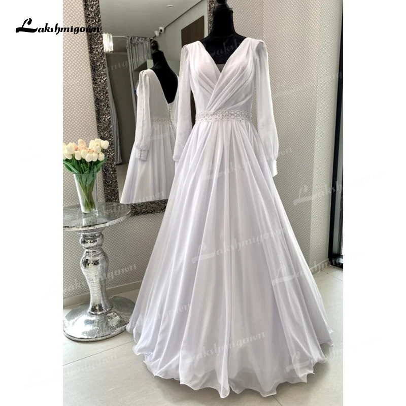 Boho simples decote em v lanterna manga sem costas botão cinto beading a linha vestidos de casamento chiffon vestidos de noiva varrer robe de mariée